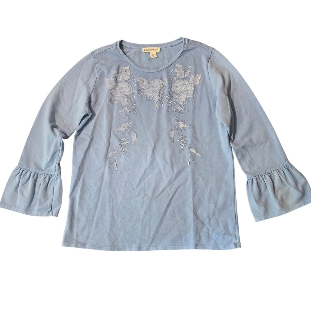 Coldwater Creek Womens Blue Floral Embroidered Ruffle Bell Sleeve Cotton‎ Top S